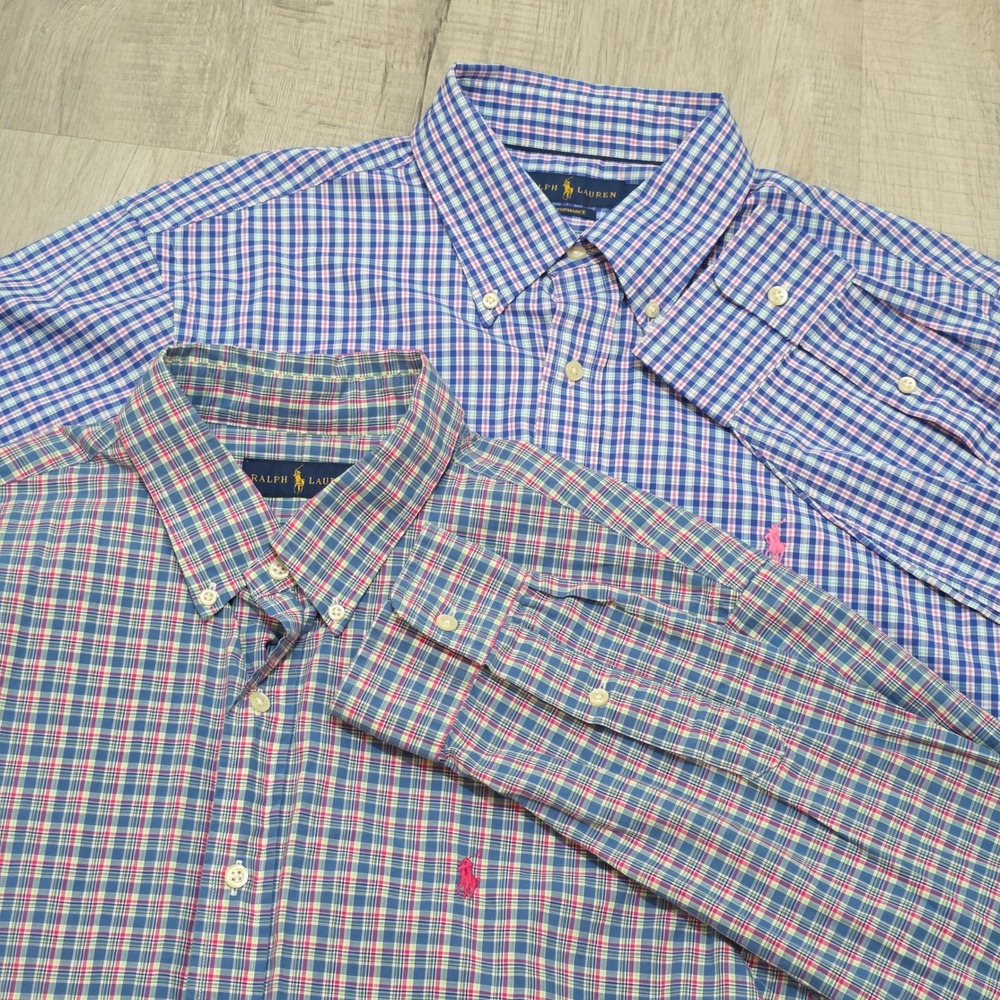 Lot of 2 Ralph Lauren Performance Mens Long Sleeve XL Plaid Button Down Shirt